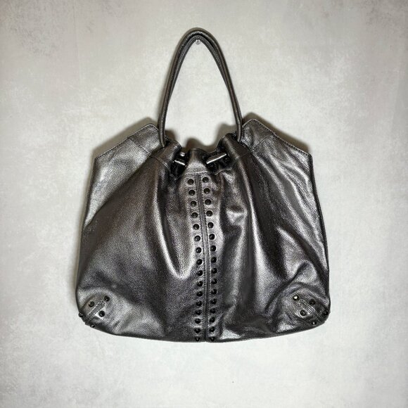 Michael Michael Kors Hobo Bag Studded Top Handle Leather Purse Silver Metallic L - Picture 1 of 14
